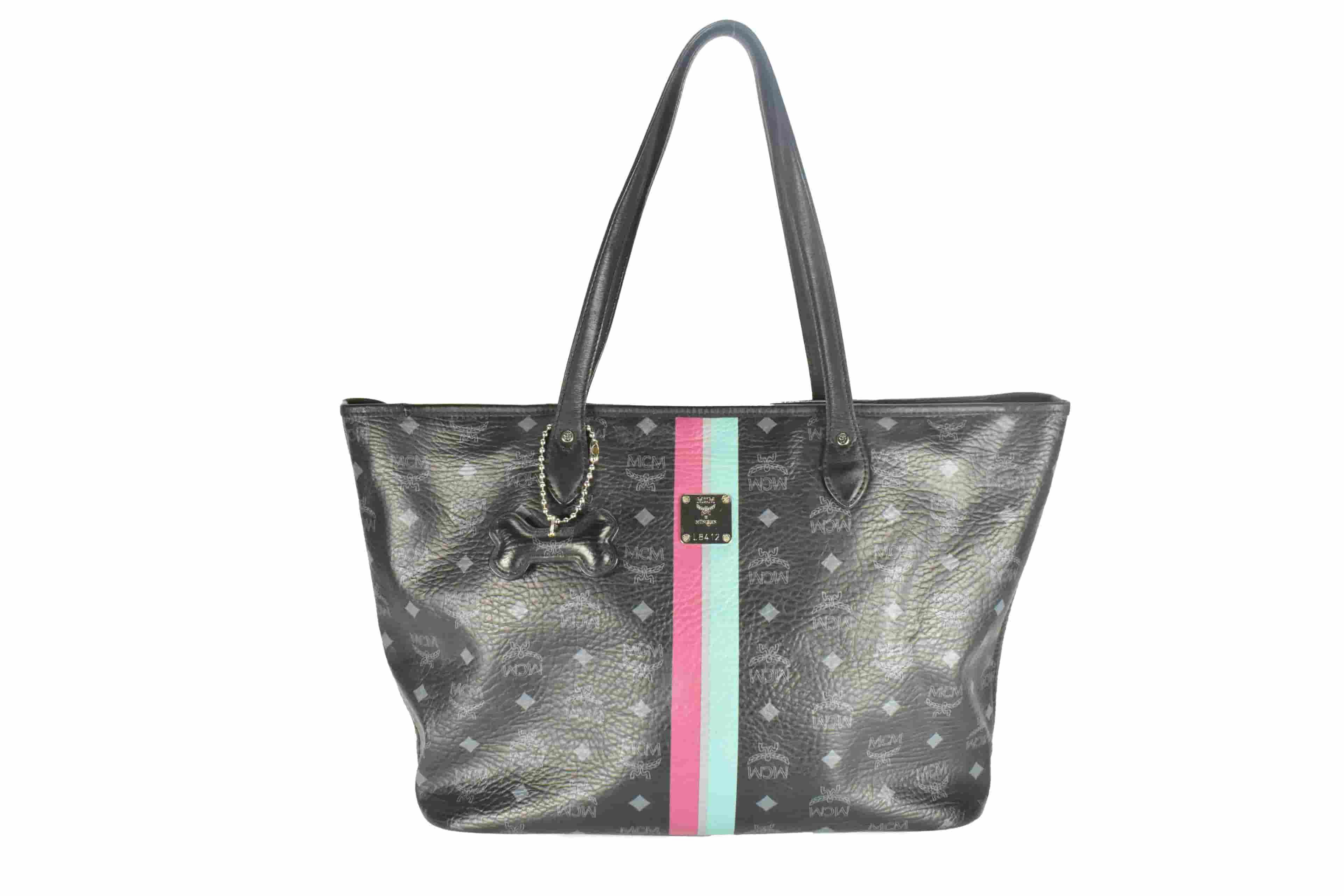 ✅MCM TASCHE MITTEL vintmarket.de SHOPPER STREIFEN SCHWARZ 4352