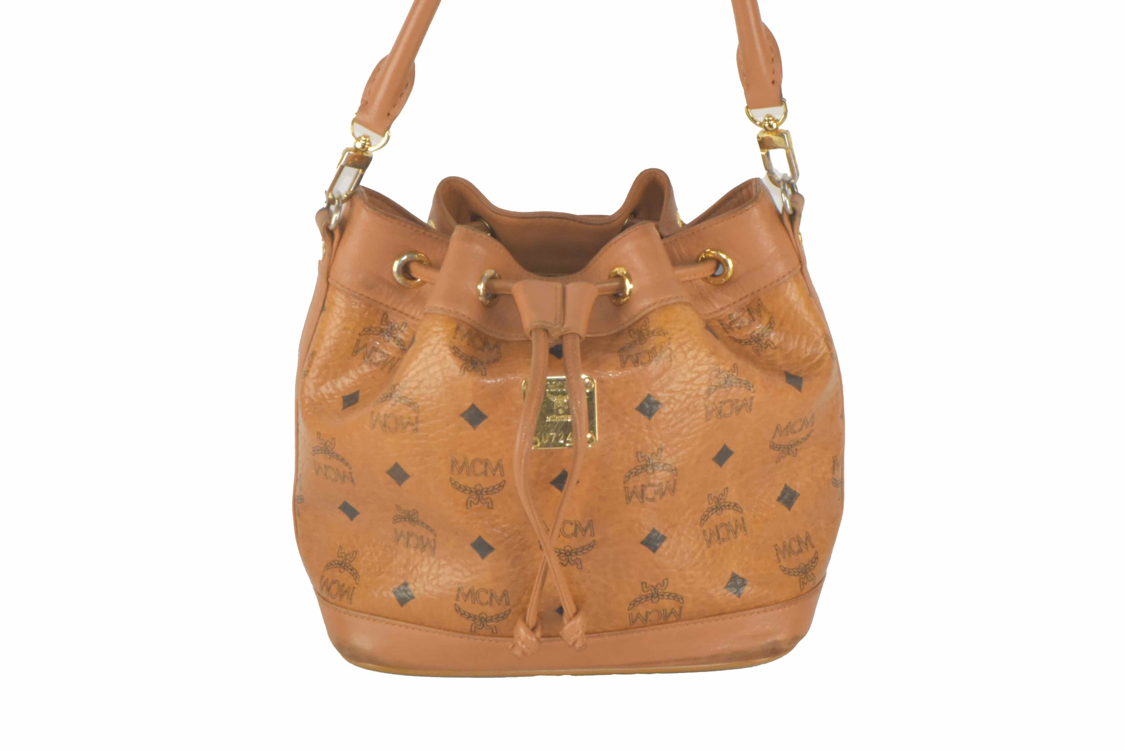 ✅MCM TASCHE BEUTELTASCHE HANDTASCHE KORDELZUG LEDER COGNAC 2528